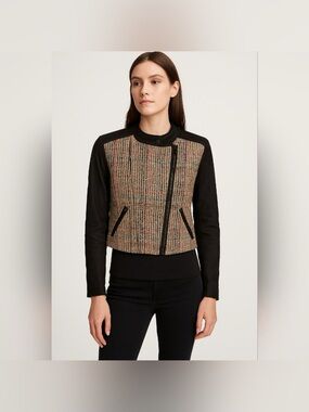 THEORY Multicolored Woven Cotton and Soft Sueded Leather Zip-Front Crop Jacket
